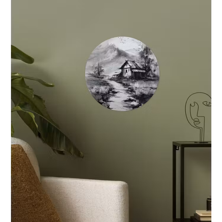 Hut - Grijs - Bergen - Mistig Wandcirkel behangsticker klein -sfeer2