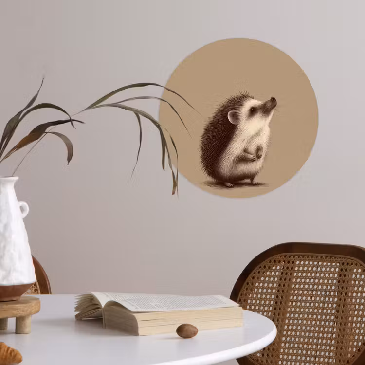 Egel - Snuitje - Bruin - Stekels Wandcirkel behangsticker klein -sfeer3