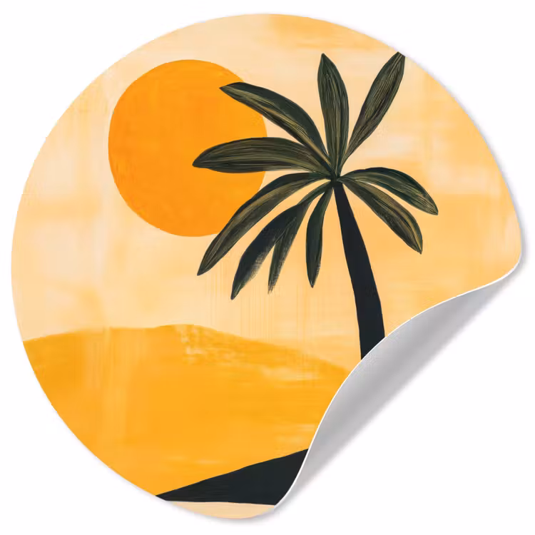 Illustratie - Palmboom - Zon - Heuvels Wandcirkel behangsticker klein -3d