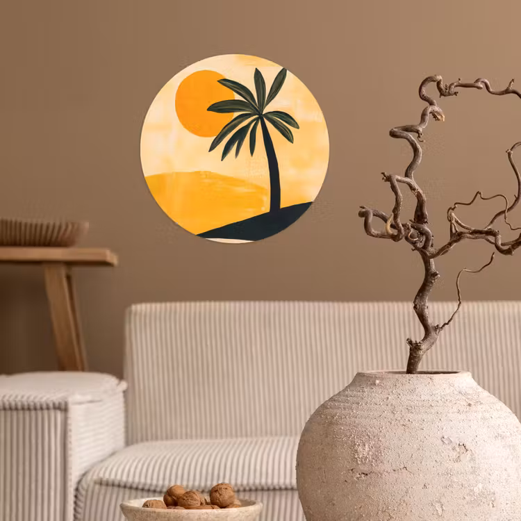 Illustratie - Palmboom - Zon - Heuvels Wandcirkel behangsticker klein -sfeer1