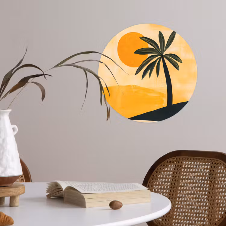 Illustratie - Palmboom - Zon - Heuvels Wandcirkel behangsticker klein -sfeer3