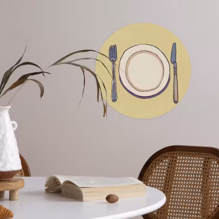 Illustratie - Bord - Bestek - Beige Wandcirkel behangsticker klein -sfeer3