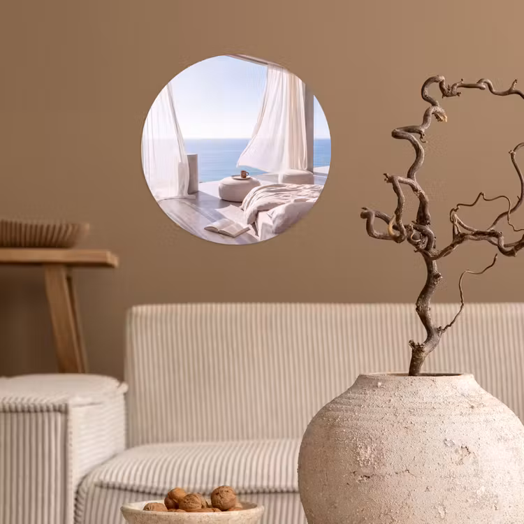 Interieur - Zeezicht - Modern - Rust - Beige Wandcirkel behangsticker klein -sfeer1