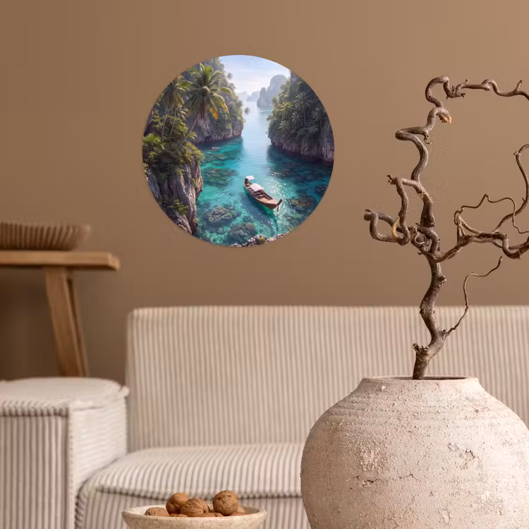 Eiland - Tropisch - Water - Palmbomen - Natuur Wandcirkel behangsticker klein -sfeer1