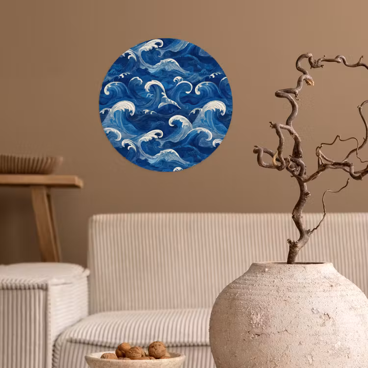 Japans - Oceaan - Golven - Blauw Wandcirkel behangsticker klein 186 -sfeer1