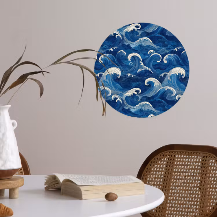Japans - Oceaan - Golven - Blauw Wandcirkel behangsticker klein 186 -sfeer3