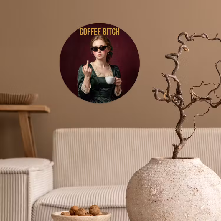 Koffie - Vrouw - Middelvinger Wandcirkel behangsticker klein -sfeer1