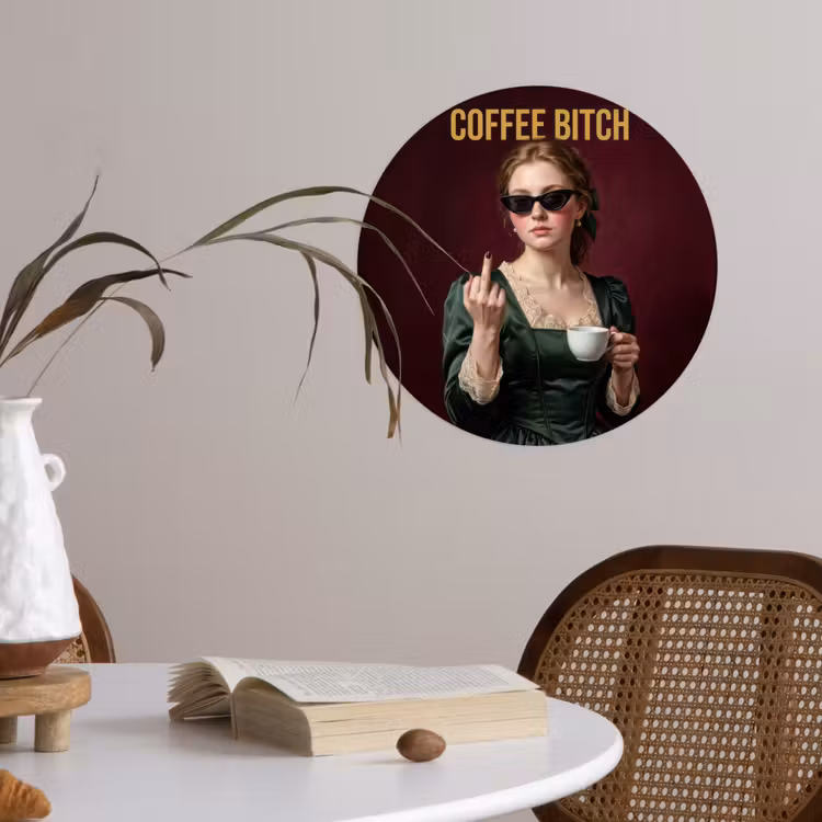 Koffie - Vrouw - Middelvinger Wandcirkel behangsticker klein -sfeer3