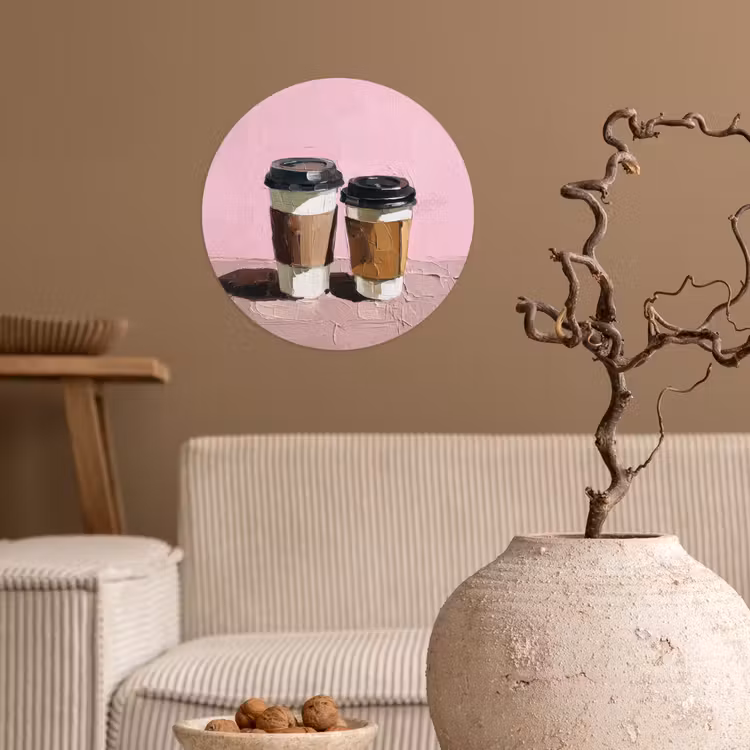 Koffiebekers - Deksel - Verf - Textuur Wandcirkel behangsticker klein -sfeer1