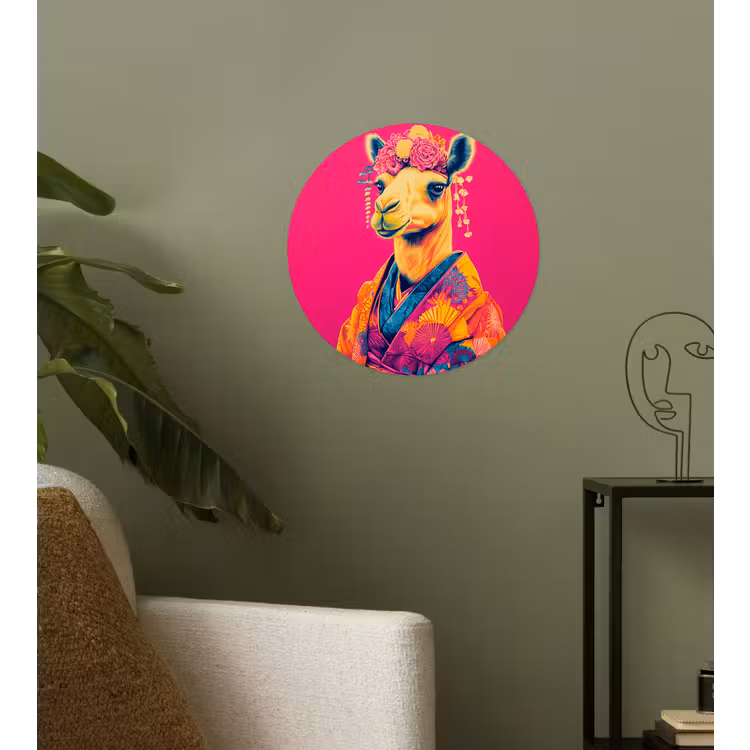 Kameel - Bloemen - Kimono - Waaiers Wandcirkel behangsticker klein -sfeer2