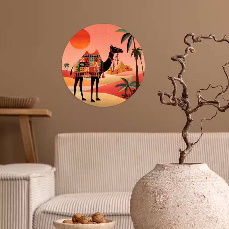 Kameel - Gekleurd tapijt - Duinen - Rode zon Wandcirkel behangsticker klein -sfeer1
