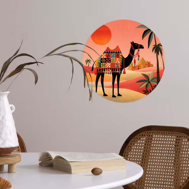 Kameel - Gekleurd tapijt - Duinen - Rode zon Wandcirkel behangsticker klein -sfeer3