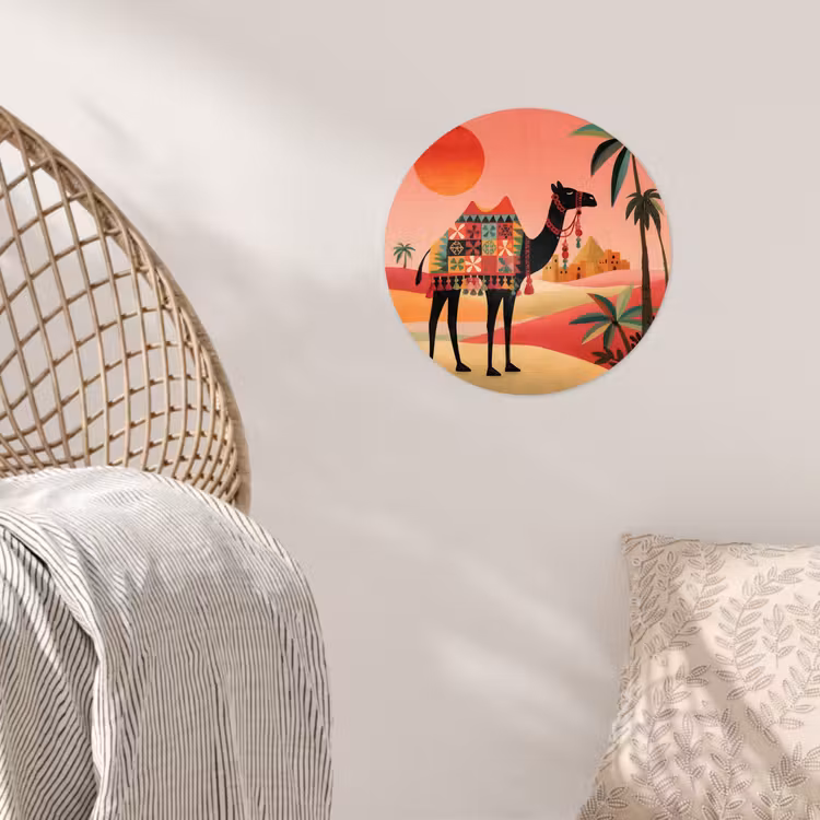Kameel - Gekleurd tapijt - Duinen - Rode zon Wandcirkel behangsticker klein -sfeer4