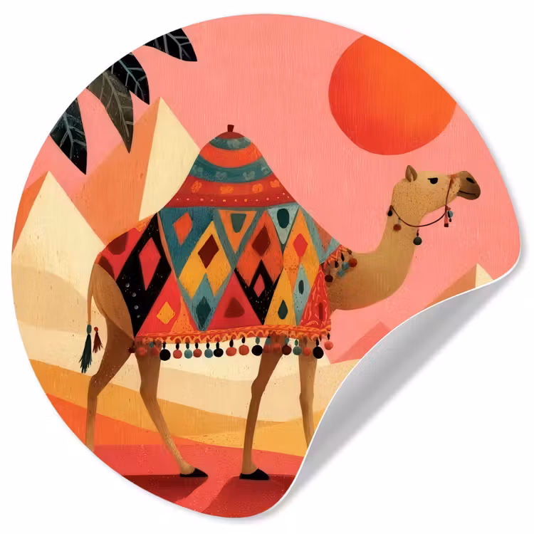 Kameel - Pyramides - Rode zon Wandcirkel behangsticker klein -3d