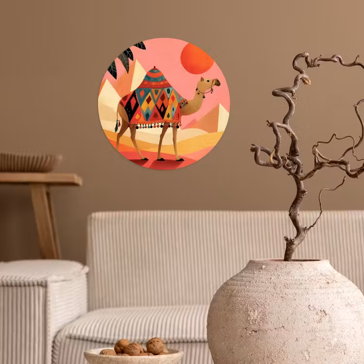 Kameel - Pyramides - Rode zon Wandcirkel behangsticker klein -sfeer1