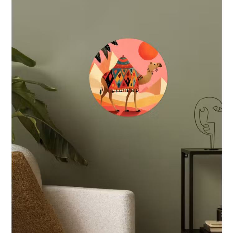Kameel - Pyramides - Rode zon Wandcirkel behangsticker klein -sfeer2