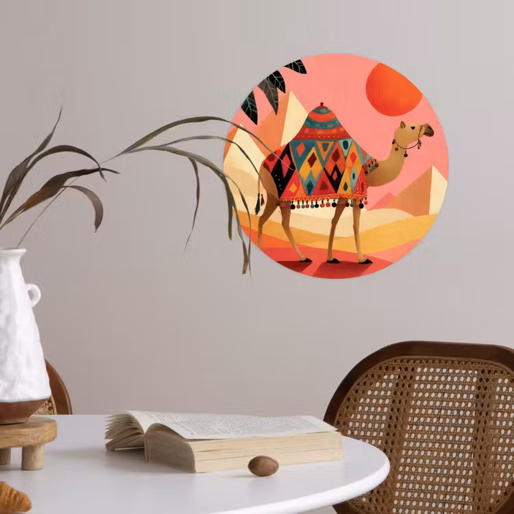 Kameel - Pyramides - Rode zon Wandcirkel behangsticker klein -sfeer3