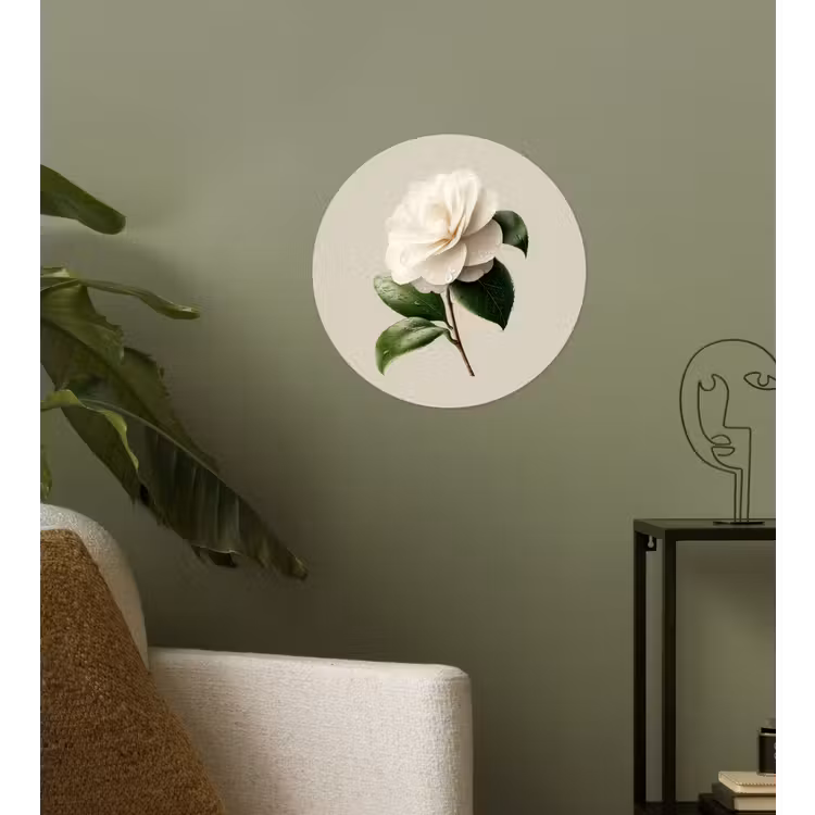 Cameliabloem - Wit - Groen Wandcirkel behangsticker klein -sfeer2