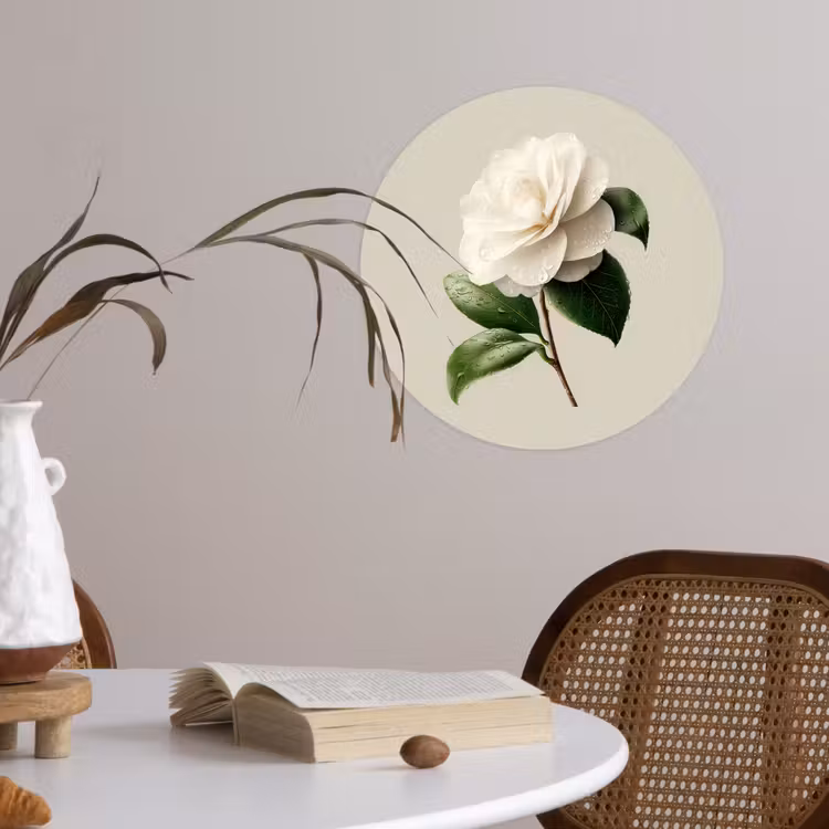 Cameliabloem - Wit - Groen Wandcirkel behangsticker klein -sfeer3