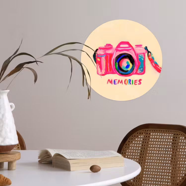 Camera - Memories - Roze - Geschilderd Wandcirkel behangsticker klein -sfeer3