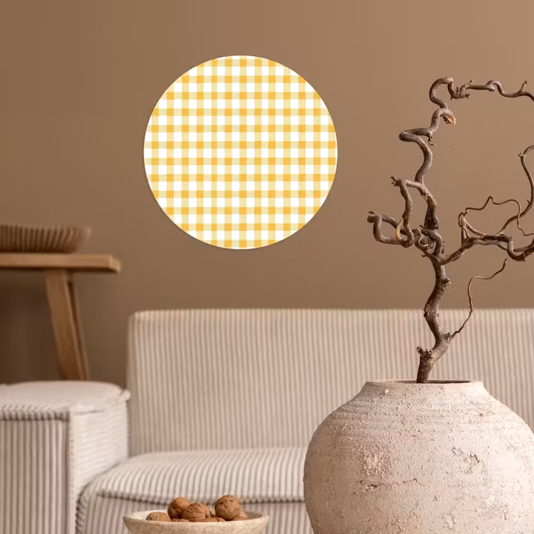 Ruit - Gingham - Klassiek - Geel en Wit Wandcirkel behangsticker klein 186 -sfeer1
