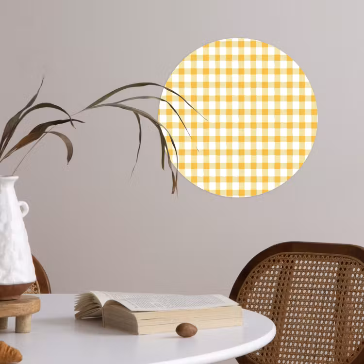 Ruit - Gingham - Klassiek - Geel en Wit Wandcirkel behangsticker klein 186 -sfeer3
