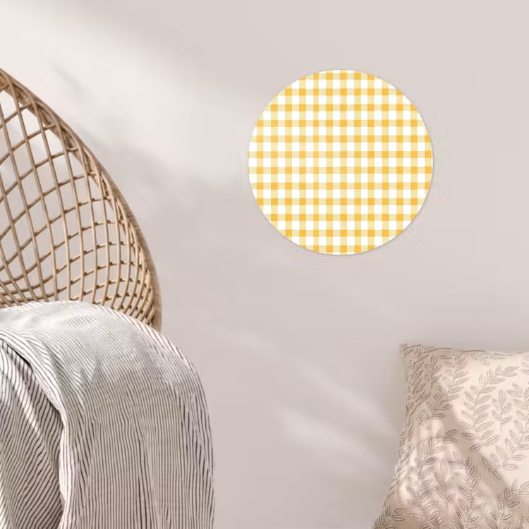 Ruit - Gingham - Klassiek - Geel en Wit Wandcirkel behangsticker klein 186 -sfeer4