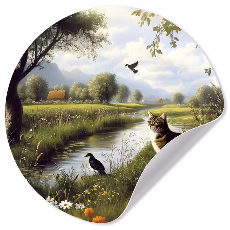 Kat - Beekje - Weide Wandcirkel behangsticker klein -3d
