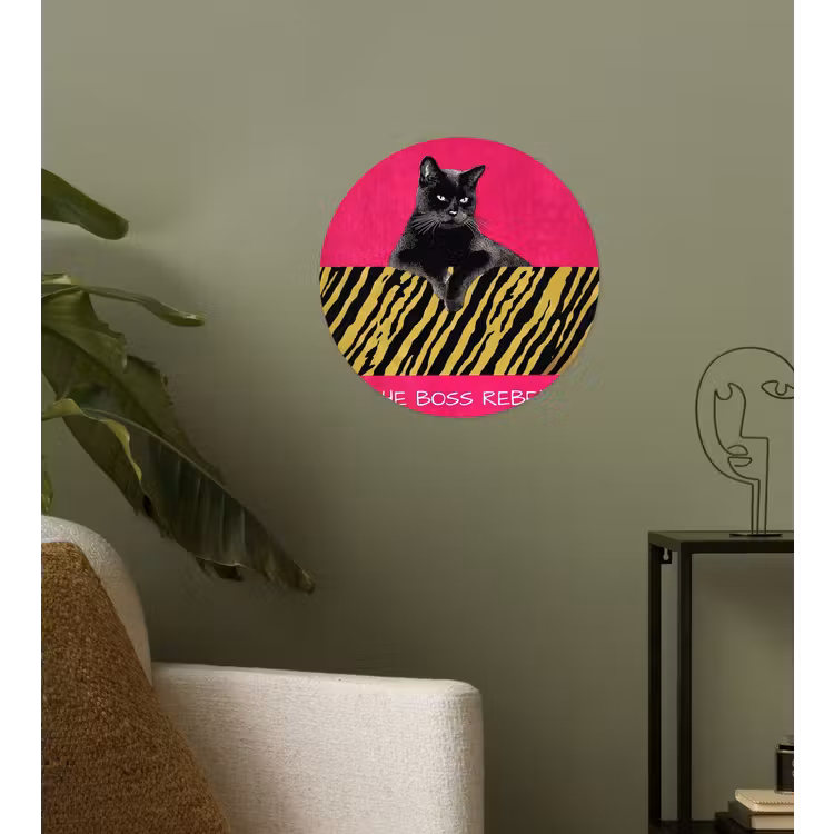Kat - Baas - Roze - Tijgerprint Wandcirkel behangsticker klein -sfeer2