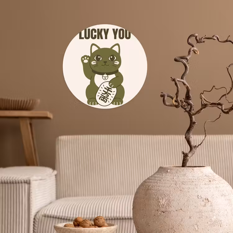 Kat - Geluk - Dieren - Modern - Groen Wandcirkel behangsticker klein -sfeer1