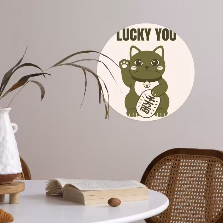 Kat - Geluk - Dieren - Modern - Groen Wandcirkel behangsticker klein -sfeer3