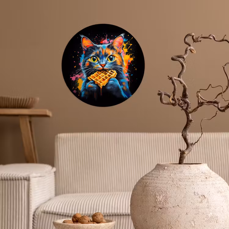 Kat - Graffiti - Kleurrijk - Wafel - Eten Wandcirkel behangsticker klein -sfeer1
