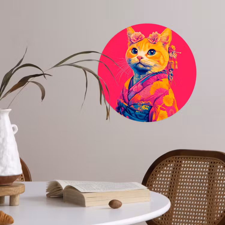 Kat - Kimono - Bloemen - Roze Wandcirkel behangsticker klein -sfeer3
