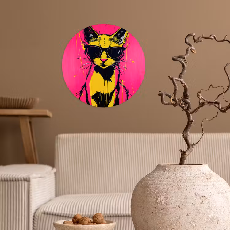 Kat - Art - Zonnebril - Roze Wandcirkel behangsticker klein -sfeer1