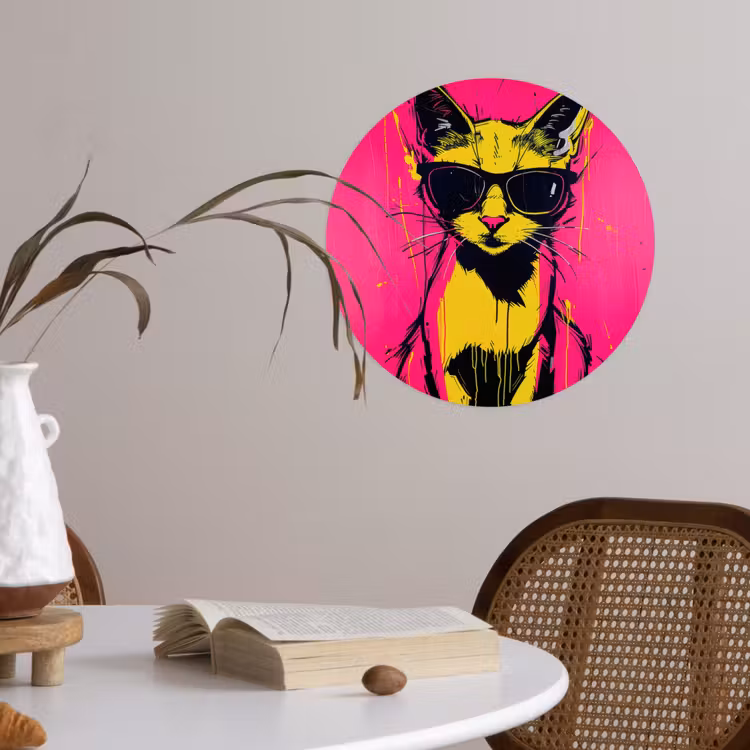 Kat - Art - Zonnebril - Roze Wandcirkel behangsticker klein -sfeer3