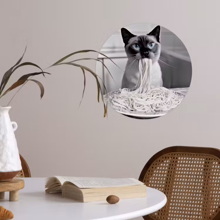 Kat - Siamees - Zwart Wit - Schattig - Dieren Wandcirkel behangsticker klein -sfeer3