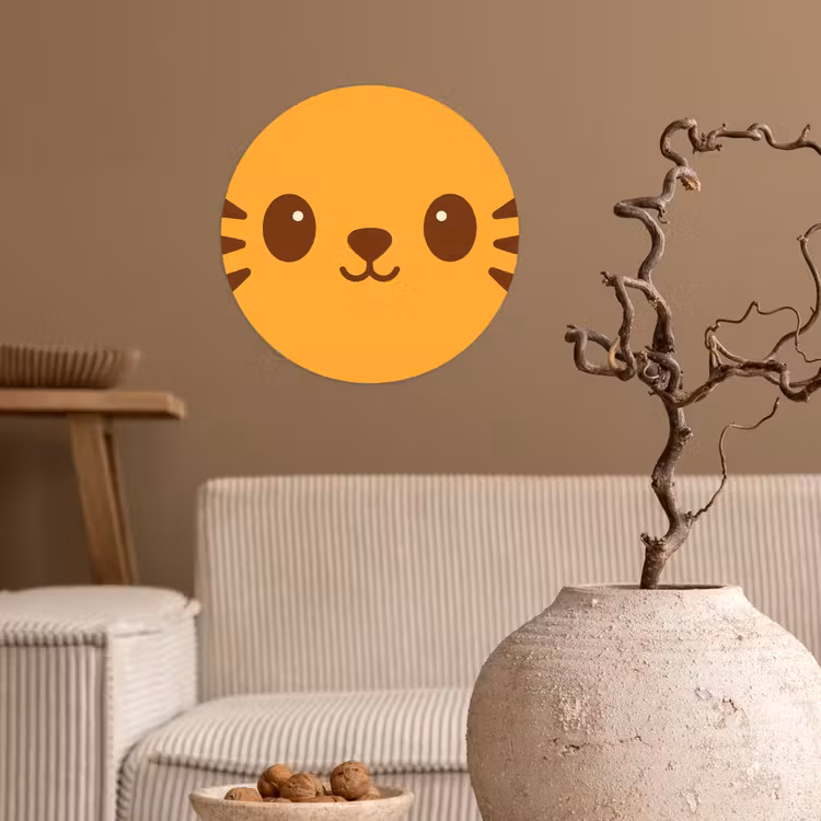 Kat - Simplistisch - Oranje - Vrolijk Wandcirkel behangsticker klein -sfeer1