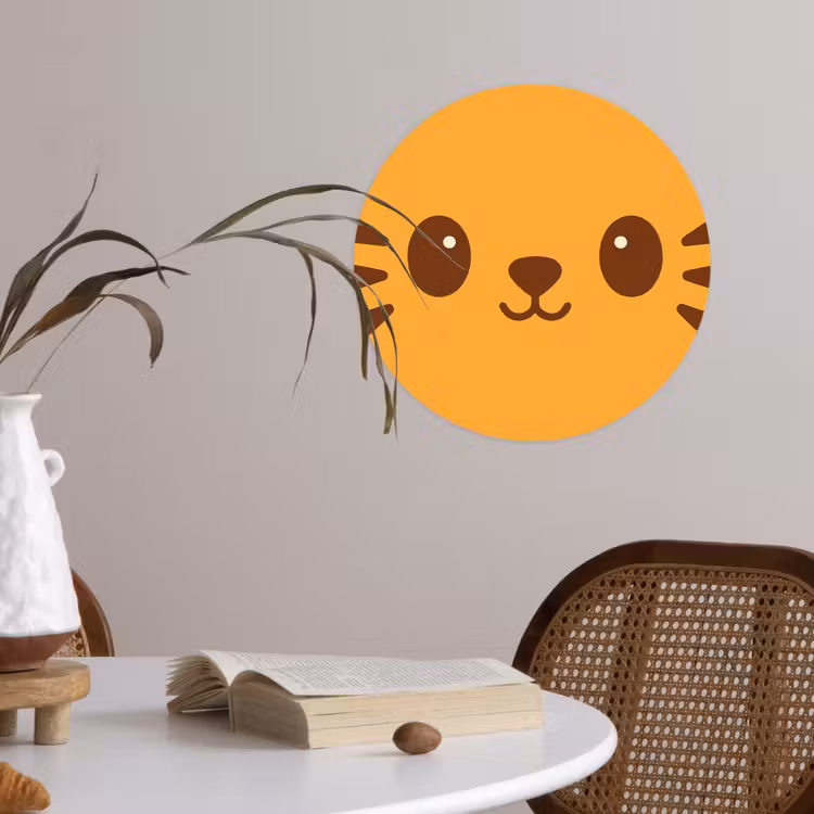 Kat - Simplistisch - Oranje - Vrolijk Wandcirkel behangsticker klein -sfeer3