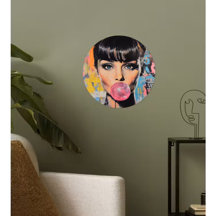 Kauwgom - Vrouw - Penseelstreken - Modern Wandcirkel behangsticker klein -sfeer2