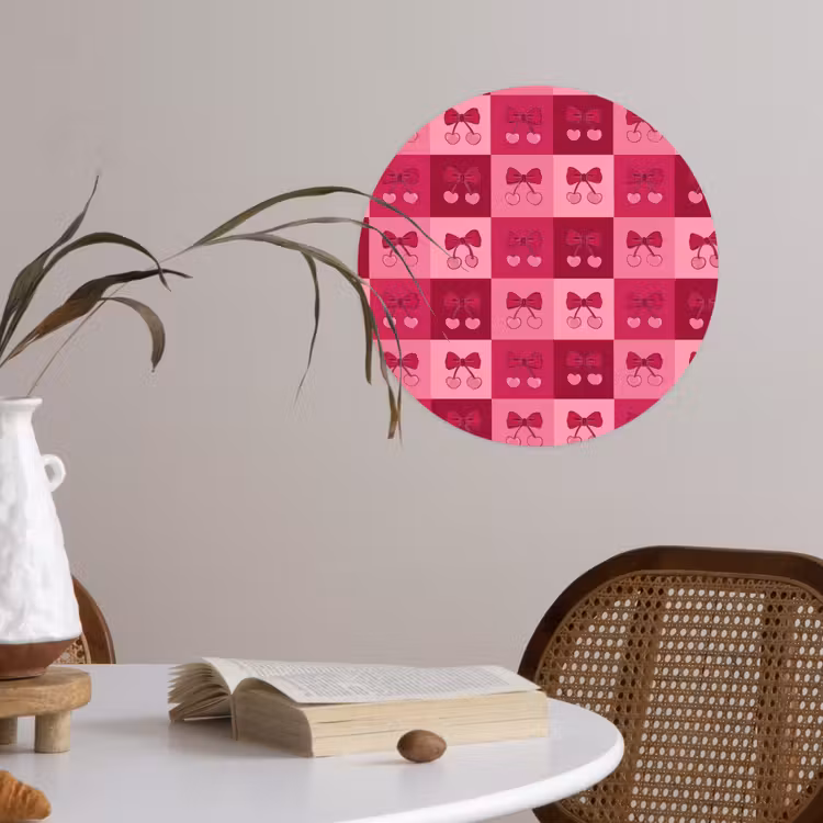 Kersen - Strikjes - Speels - Roze - Bordeaux Wandcirkel behangsticker klein 186 -sfeer3