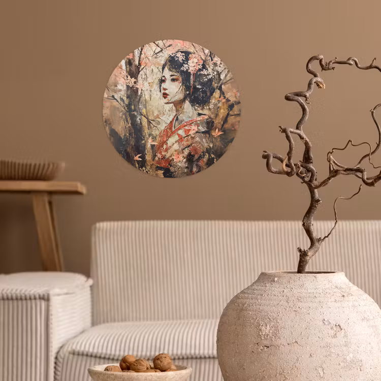 Kimono - Vrouw - kersenbomen Wandcirkel behangsticker klein -sfeer1