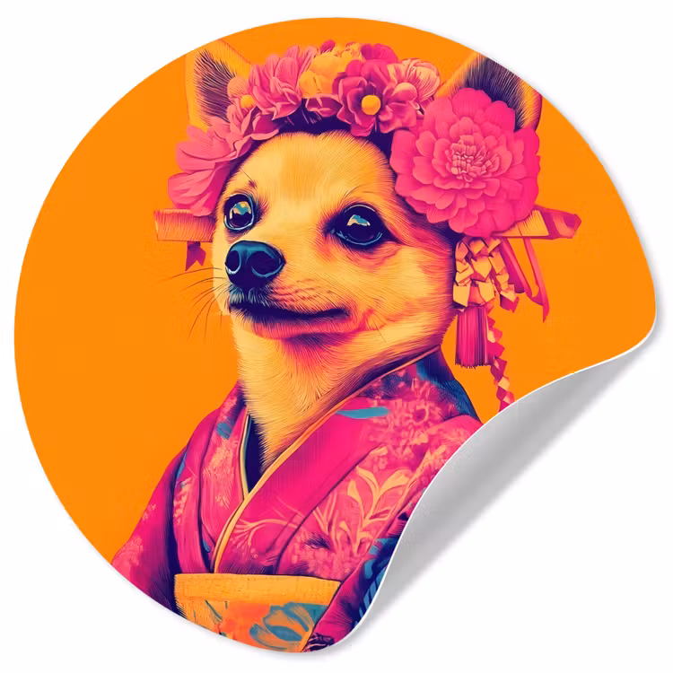Kimono - Hondje - Bloemenkroon - Oranje Wandcirkel behangsticker klein -3d