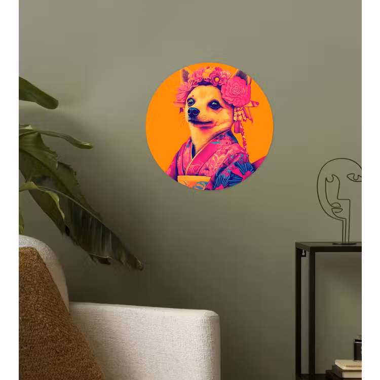 Kimono - Hondje - Bloemenkroon - Oranje Wandcirkel behangsticker klein -sfeer2