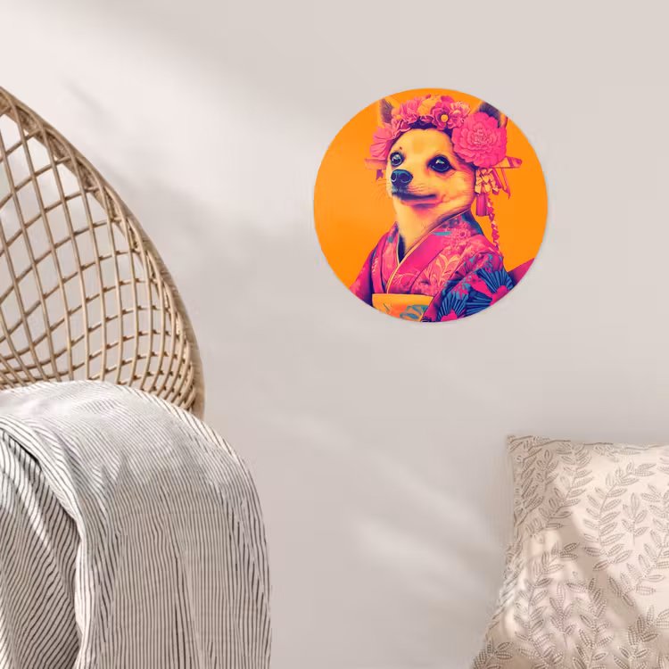 Kimono - Hondje - Bloemenkroon - Oranje Wandcirkel behangsticker klein -sfeer4