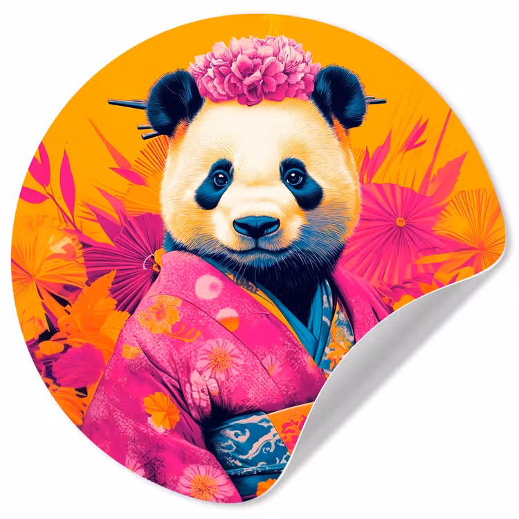 Kimono - Roze - Panda - Bloemenkroon Wandcirkel behangsticker klein -3d