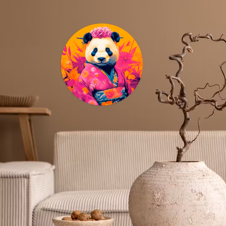 Kimono - Roze - Panda - Bloemenkroon Wandcirkel behangsticker klein -sfeer1