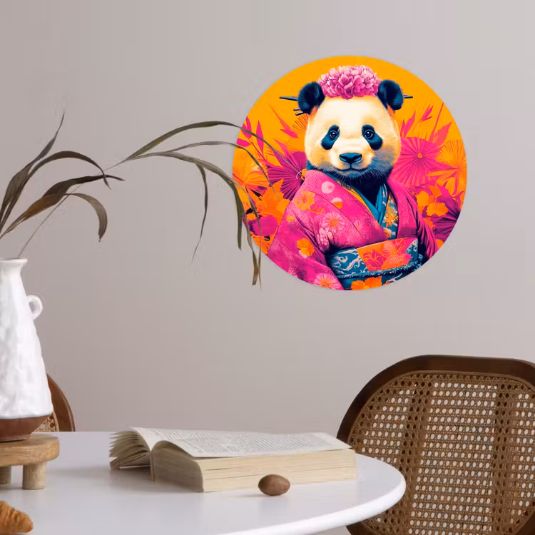 Kimono - Roze - Panda - Bloemenkroon Wandcirkel behangsticker klein -sfeer3