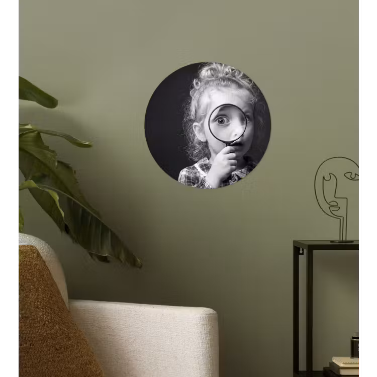 Kind - Vergrootglas - Portret - Zwart-wit Wandcirkel behangsticker klein -sfeer2