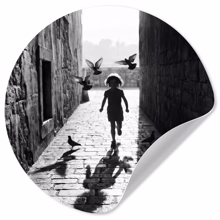 Kind - Vogel - Straat - Zwart-wit - Spelen Wandcirkel behangsticker klein -3d