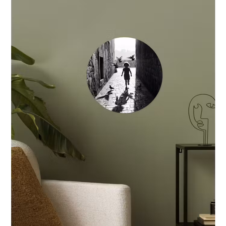 Kind - Vogel - Straat - Zwart-wit - Spelen Wandcirkel behangsticker klein -sfeer2